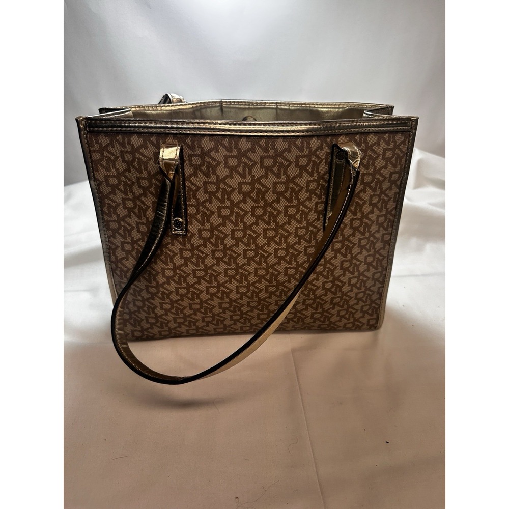 DKNY Repeat Gold Tote Bag Purse Beige w/ Brown Monogram in excellent cond 1990's